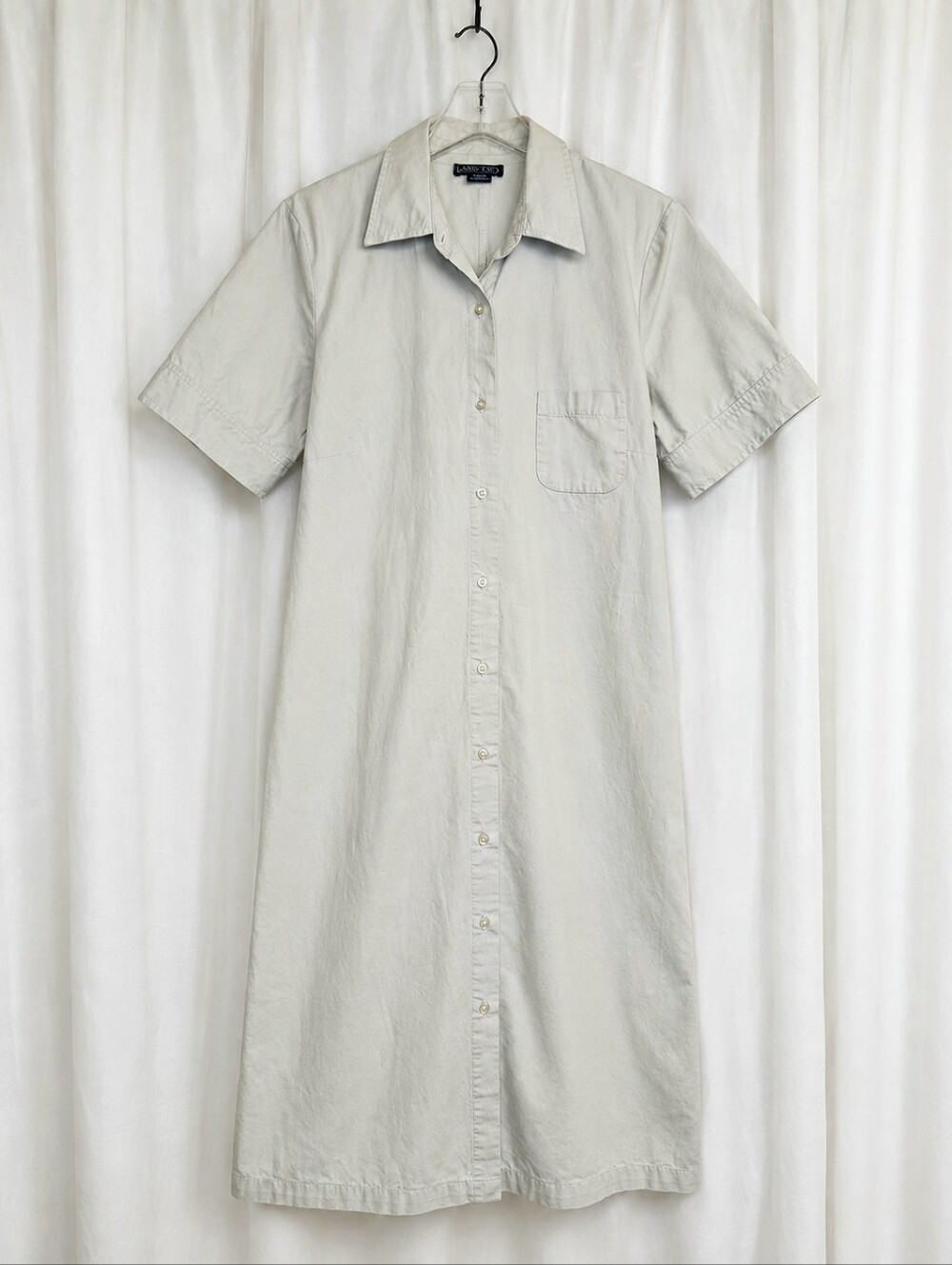 Vintage Lands' End Khaki Cotton Button Front Midi Shirt Dress Utility Safari